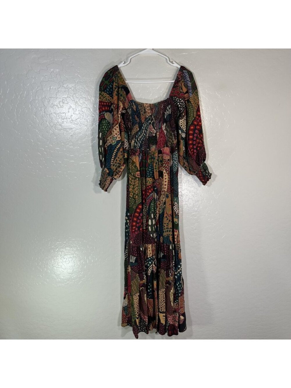 FARM Dress Womens Small Multicolor Patchwork Linen Maxi Smocked Balloon Sleeve